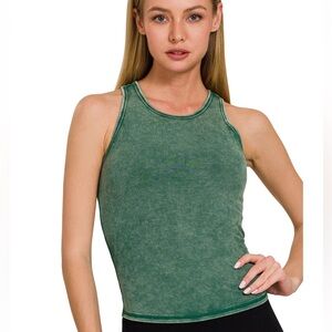 WASHED RACER BACK RIB TANK TOP W REMOVABLE PADS DARK GREEN